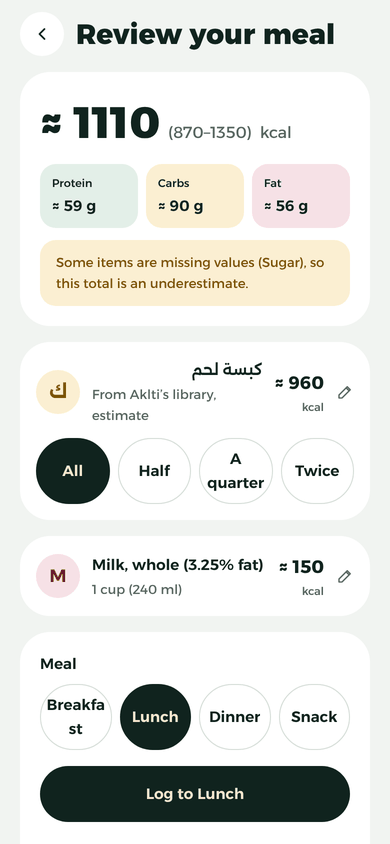 Skrin “Semak hidangan anda”: kabsah kambing ≈ 960 kcal dengan pilihan Semua, Separuh, Suku dan Dua kali ganda, susu ≈ 150 kcal, jumlah ≈ 1110 (870–1350).