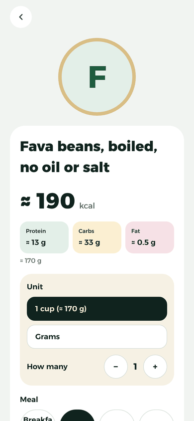 Skrin kacang fava: ≈ 190 kcal secawan (≈ 170 g), protein ≈ 13 g, karbohidrat ≈ 33 g, lemak ≈ 0.5 g.